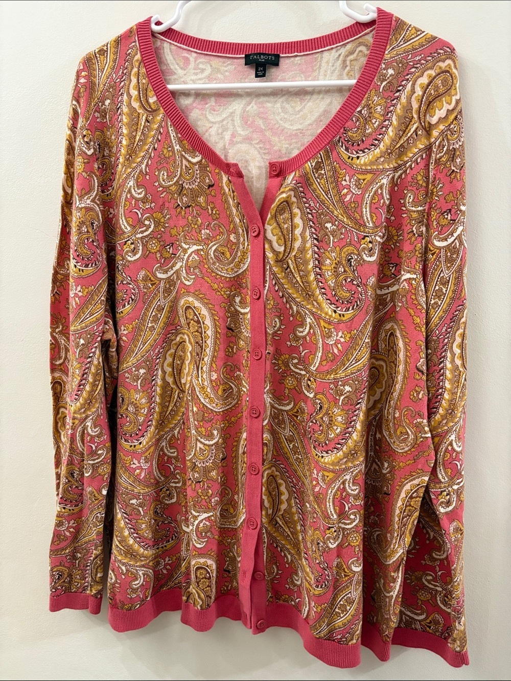 Talbots Coral Pink and Mustard Paisley Button-Up Cardigan - size 2X